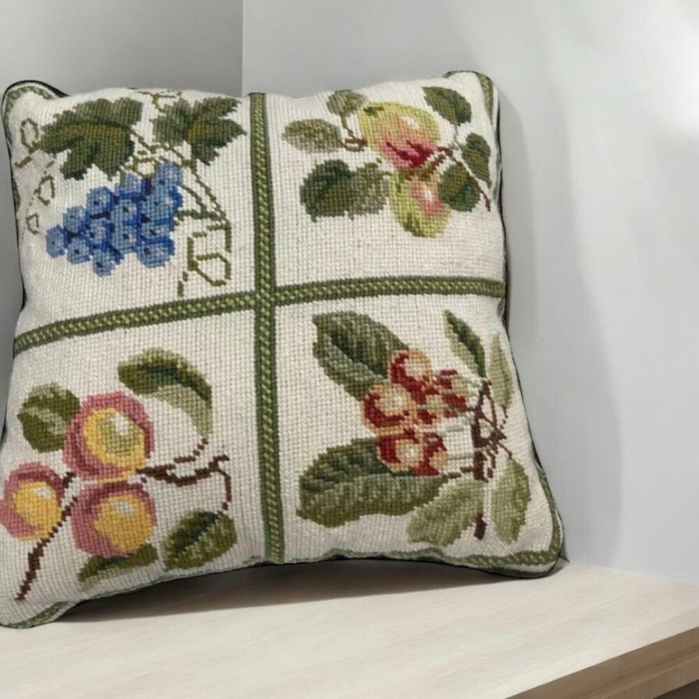 Vintage Needlepoint pillow fruit theme 13x13 green velvet back zipper collectibl